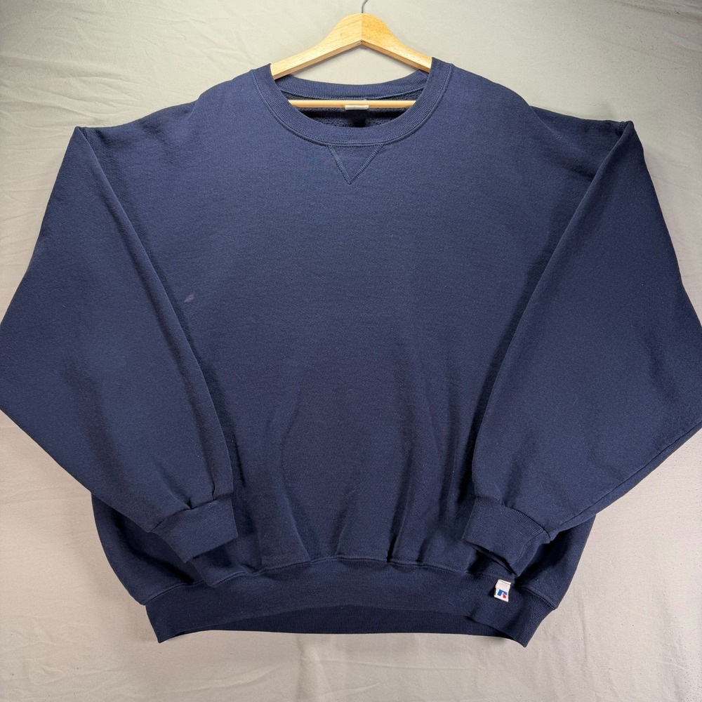 Russell Athletic Crewneck Sweatshirt Men 2XL Navy Blue Blank Fleece Boxy Fit Y2K